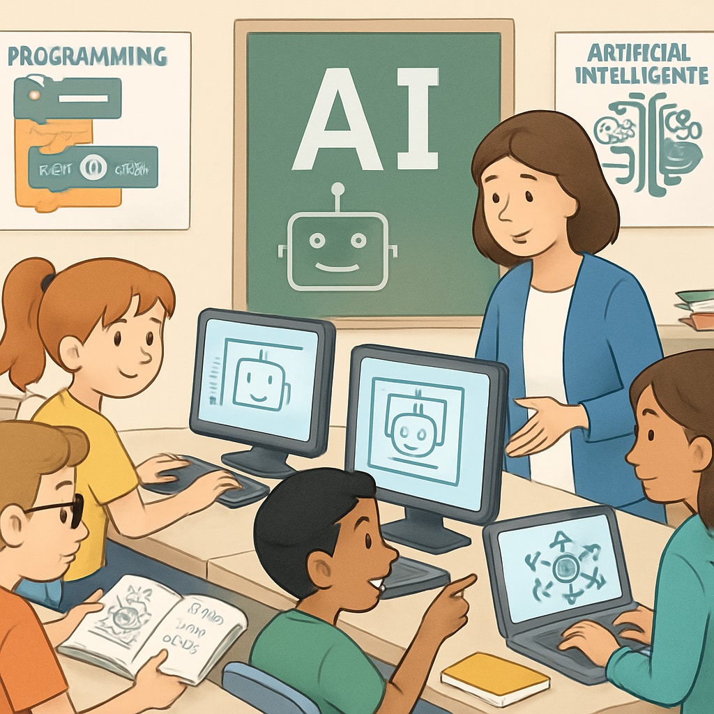 Students learning programming and AI concepts in a classroom setting.