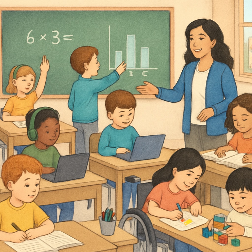 A classroom showing students engaged in various activities, symbolizing diversity in learning styles and abilities. Students in a classroom showcasing diverse talents and learning methods.