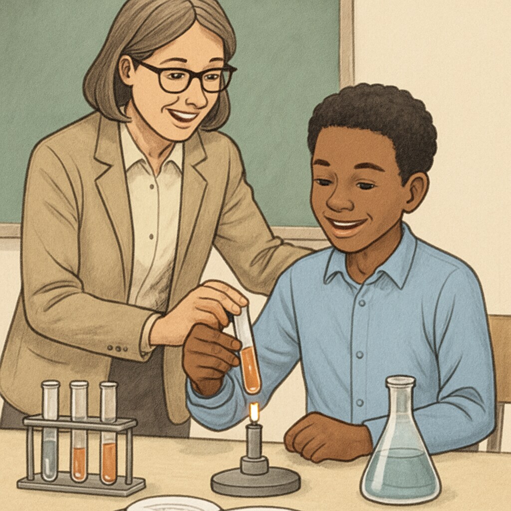 A teacher encouraging a student during a science experiment, showcasing the potential for growth through effort and support. Teacher motivating a student to embrace challenges and grow through learning.