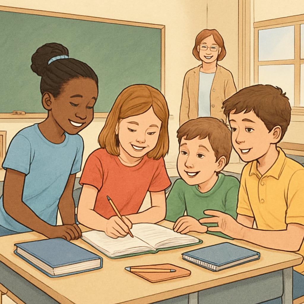 A classroom setting where students are engaged in a group activity, reflecting collaboration and mutual respect. Students collaborating in a classroom to develop character and teamwork.