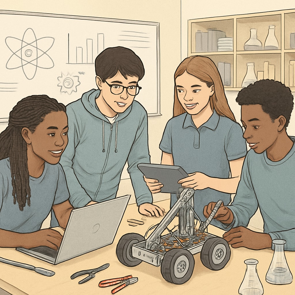 A diverse group of high school students working collaboratively on a STEM project in a modern classroom setting. High school students engaged in a STEM project, illustrating curriculum reform and STEM education.