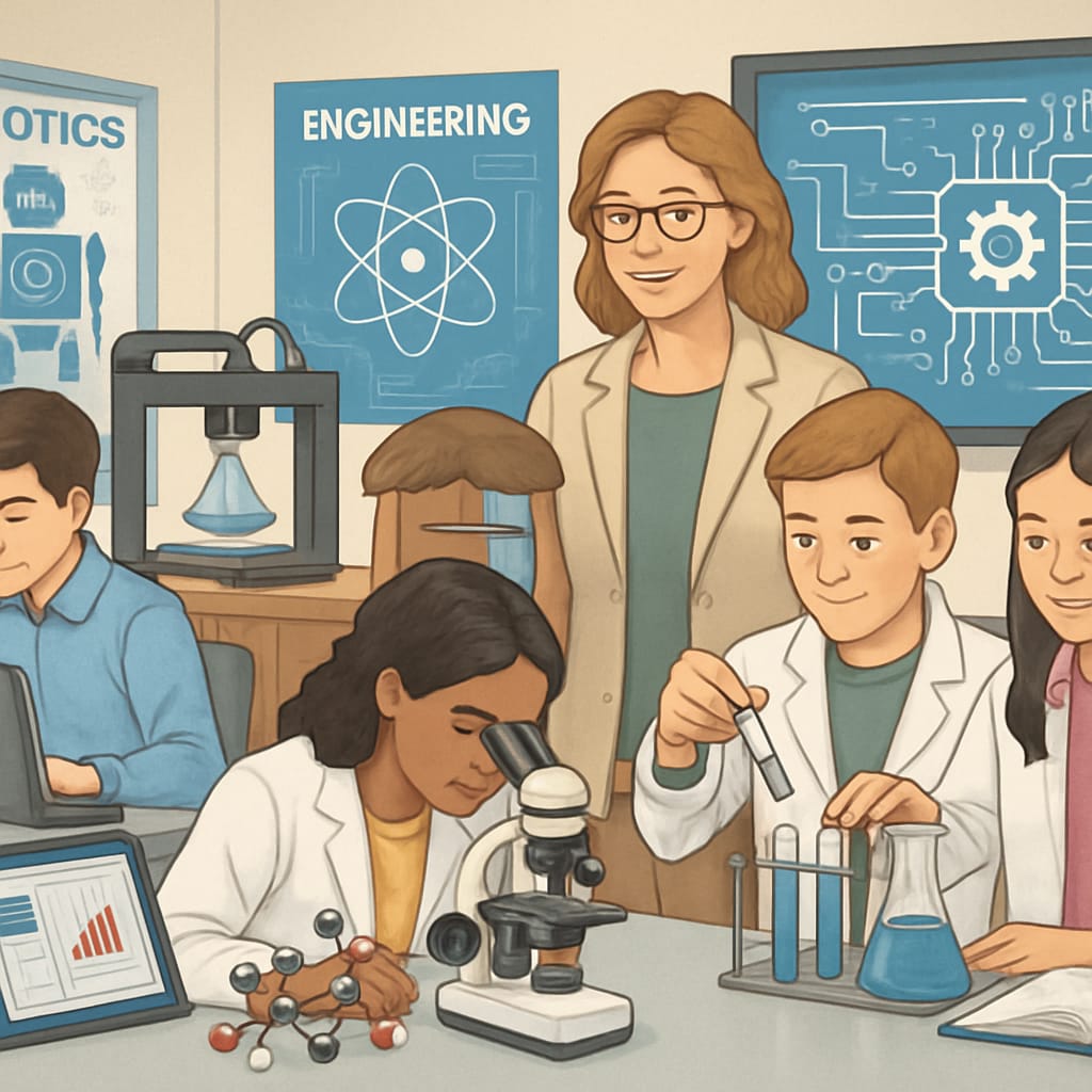 A STEM-focused classroom equipped with advanced technology, with students conducting experiments under a teacher's guidance. Modern STEM classroom with students and teacher, highlighting STEM education.
