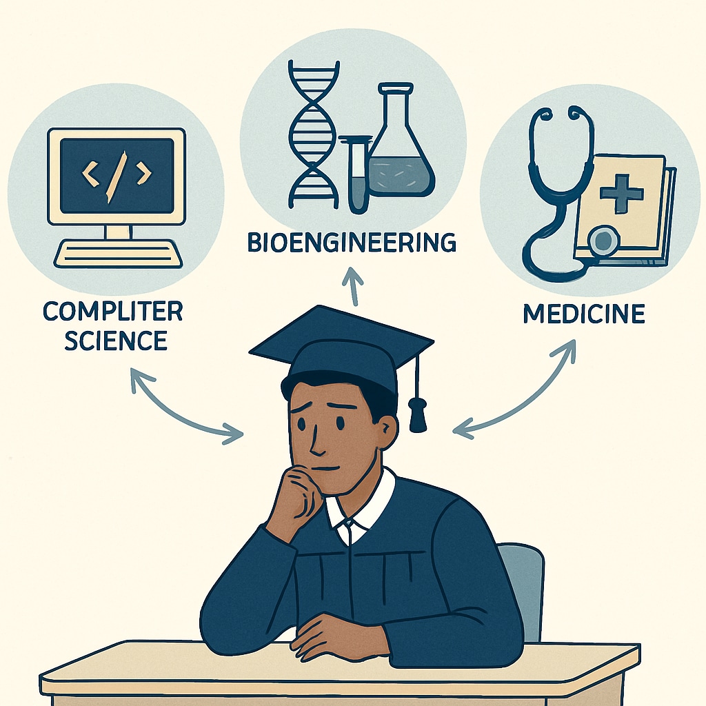 STEM students evaluating professional choices in computer science, bioengineering, and medicine