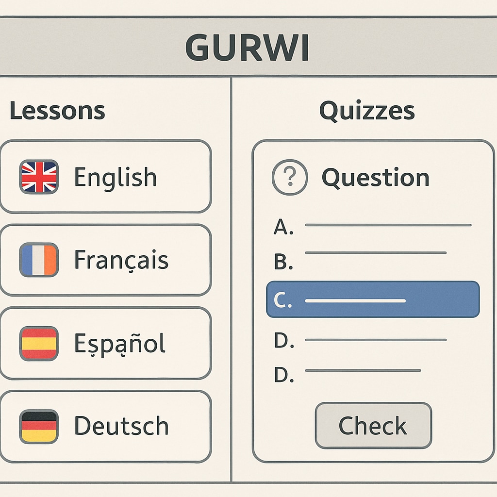 Gurwi interface displaying multi-language learning features and engaging quizzes.