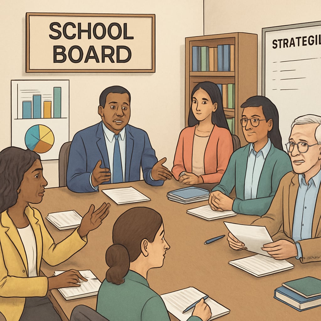 School board members discussing strategies for effectiveness and governance.
