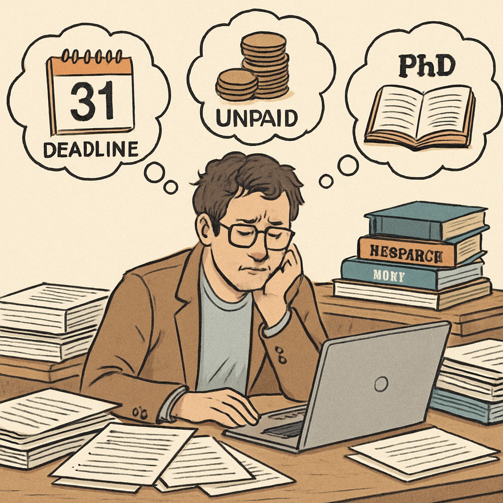 A freelance professor working on academic research, illustrating the pressures of unpaid scholarly contributions. Freelance professor conducting research for AACSB accreditation purposes.
