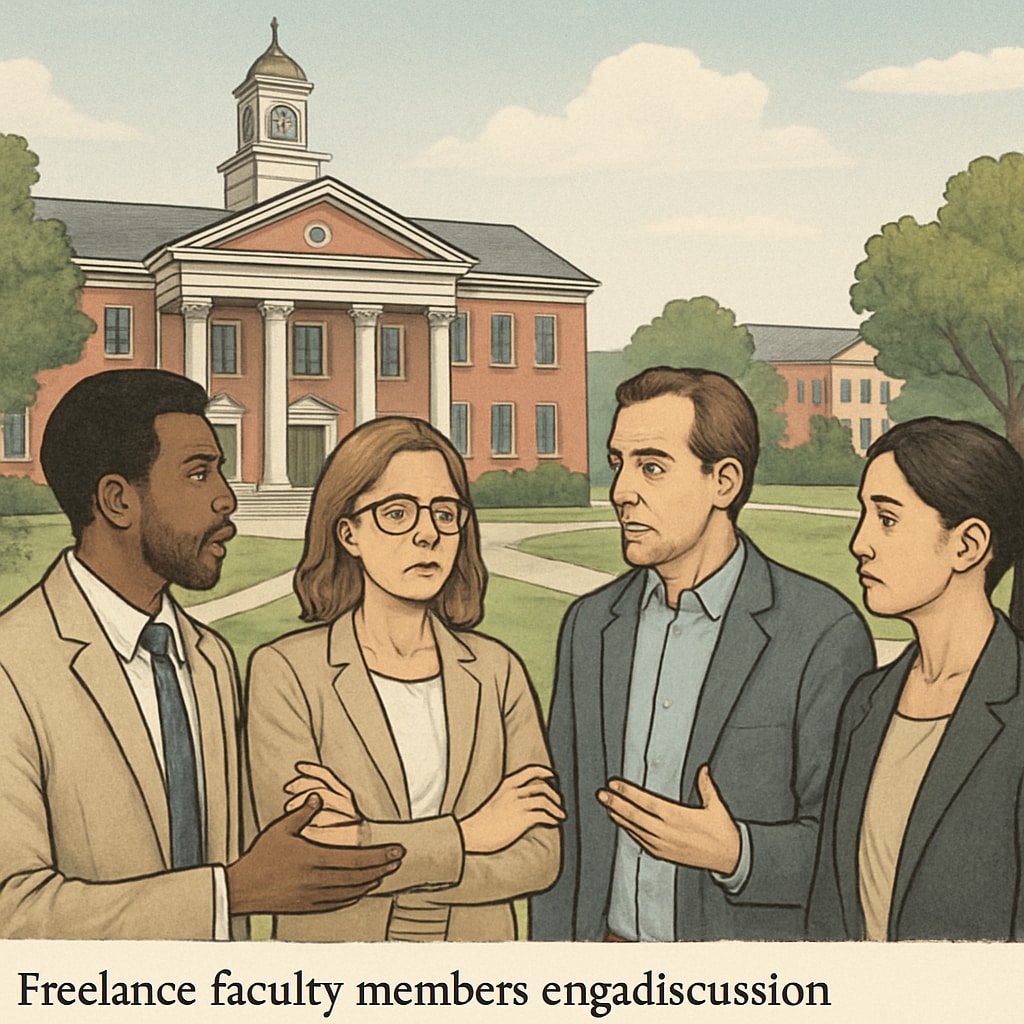 A university campus with freelance faculty members discussing labor concerns, symbolizing the ethical dilemmas in academic institutions. University campus setting highlighting freelance faculty labor rights discussions.