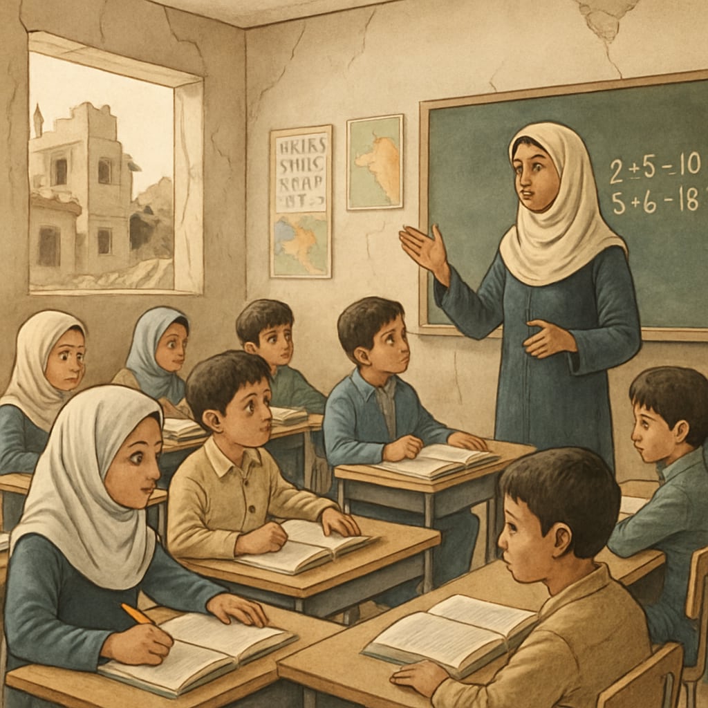 Children in a Middle Eastern classroom highlighting Ms. Rachel’s humanitarian focus.