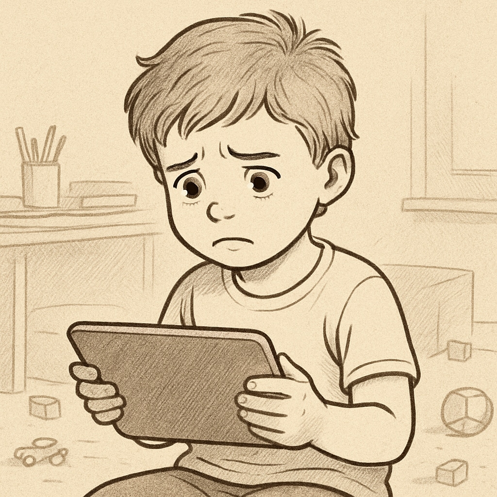 Young child with tablet demonstrating tech addiction risks.