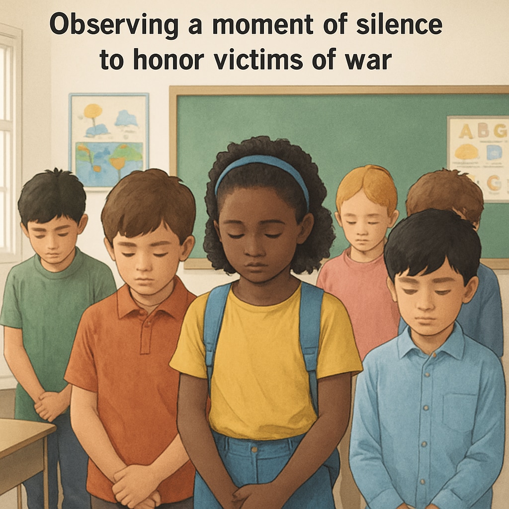 A group of schoolchildren observing a moment of silence in a classroom, symbolizing respect and reflection for victims of war. Schoolchildren holding a moment of silence for victims of war, including Gaza.
