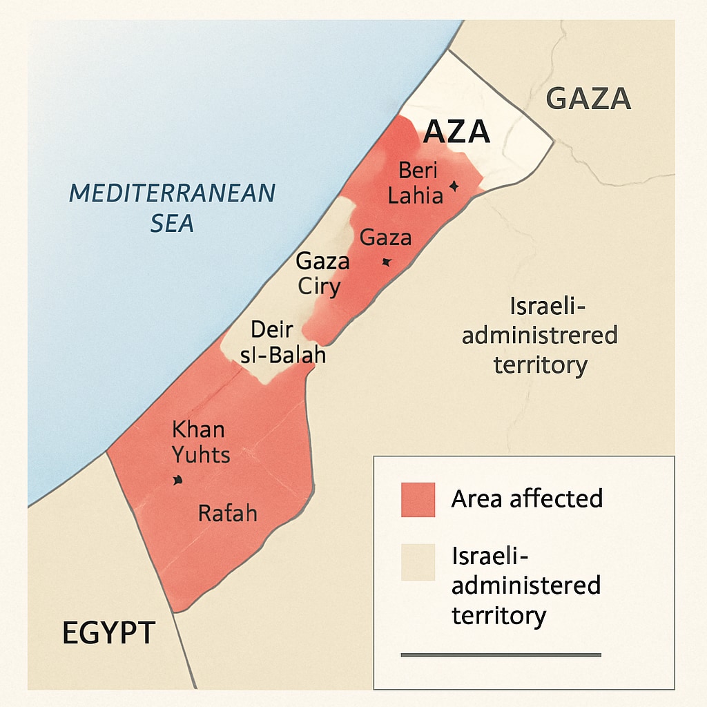 A detailed map of Gaza highlighting areas affected by the humanitarian crisis, offering geographical context. Map of Gaza showing conflict zones and humanitarian crisis areas.