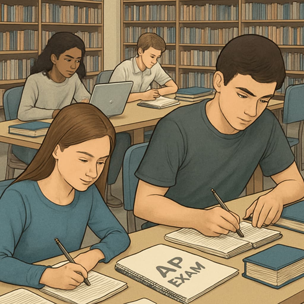 High school students preparing for AP exams, showcasing the intensity of advanced coursework.