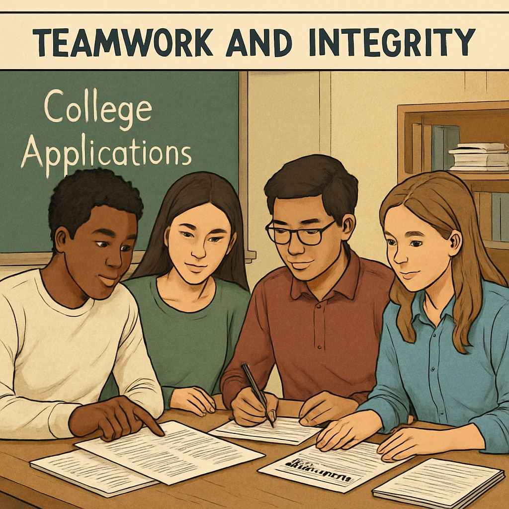 A diverse group of students reviewing college application materials, symbolizing the importance of integrity in the admissions process. Students reviewing college applications with a focus on honesty and integrity.