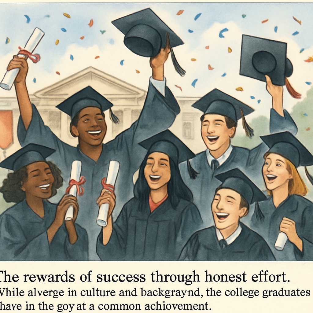 A college graduation ceremony with students celebrating, representing the rewards of achieving success through honest effort. Students celebrating graduation after achieving goals through ethical practices.