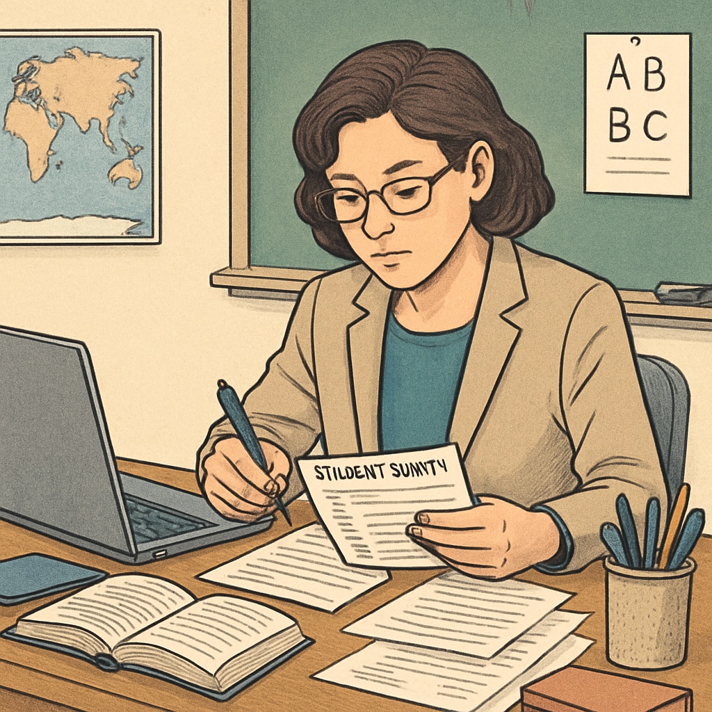 A teacher sitting at a desk, reviewing student survey forms with a laptop open nearby. Teacher reviewing K12 education survey forms.