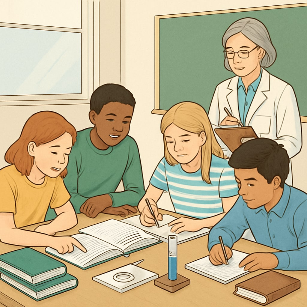 A group of students working collaboratively, with a researcher observing and taking notes. Students collaborating while a researcher observes.