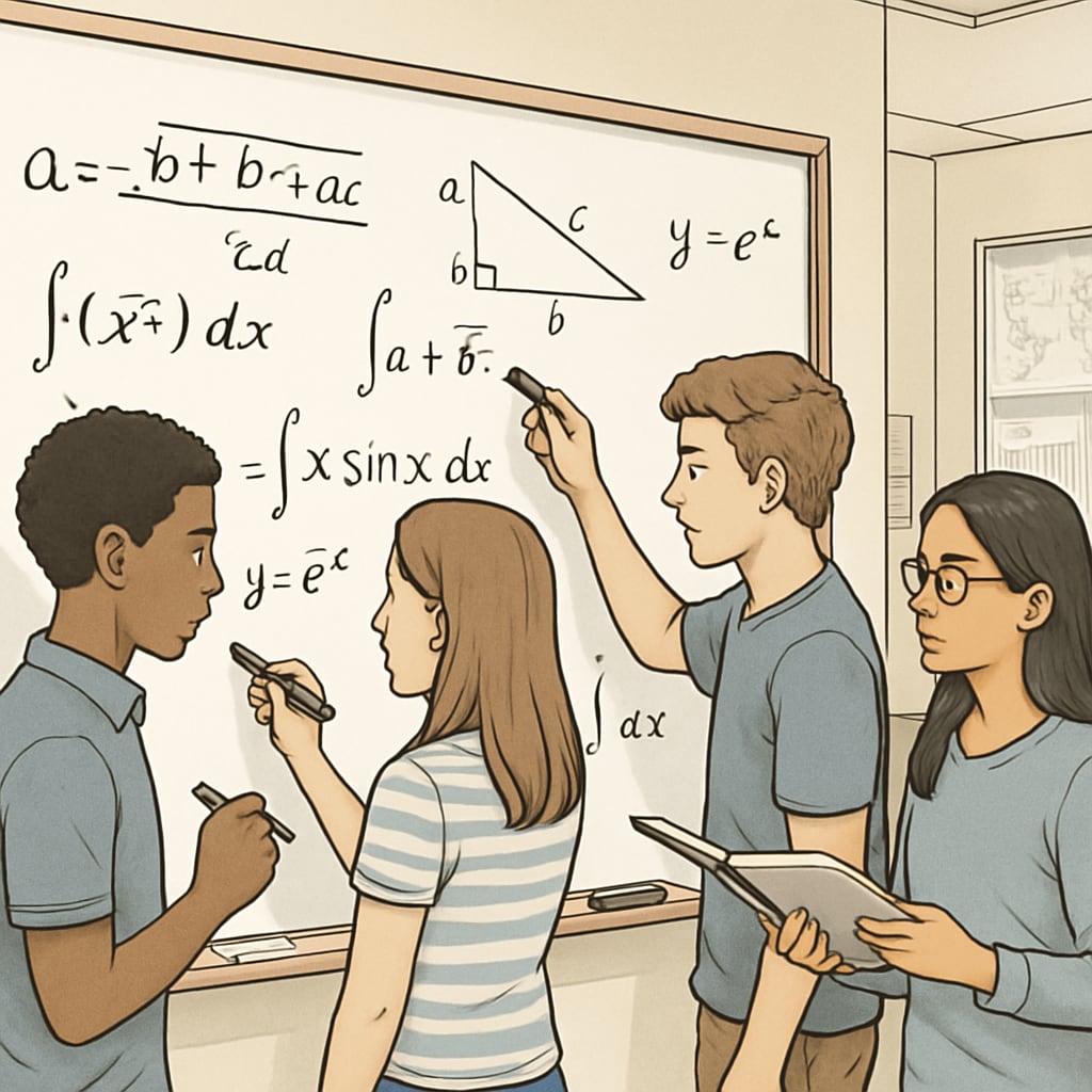 Students working on advanced math problems, showcasing critical thinking in mathematics.