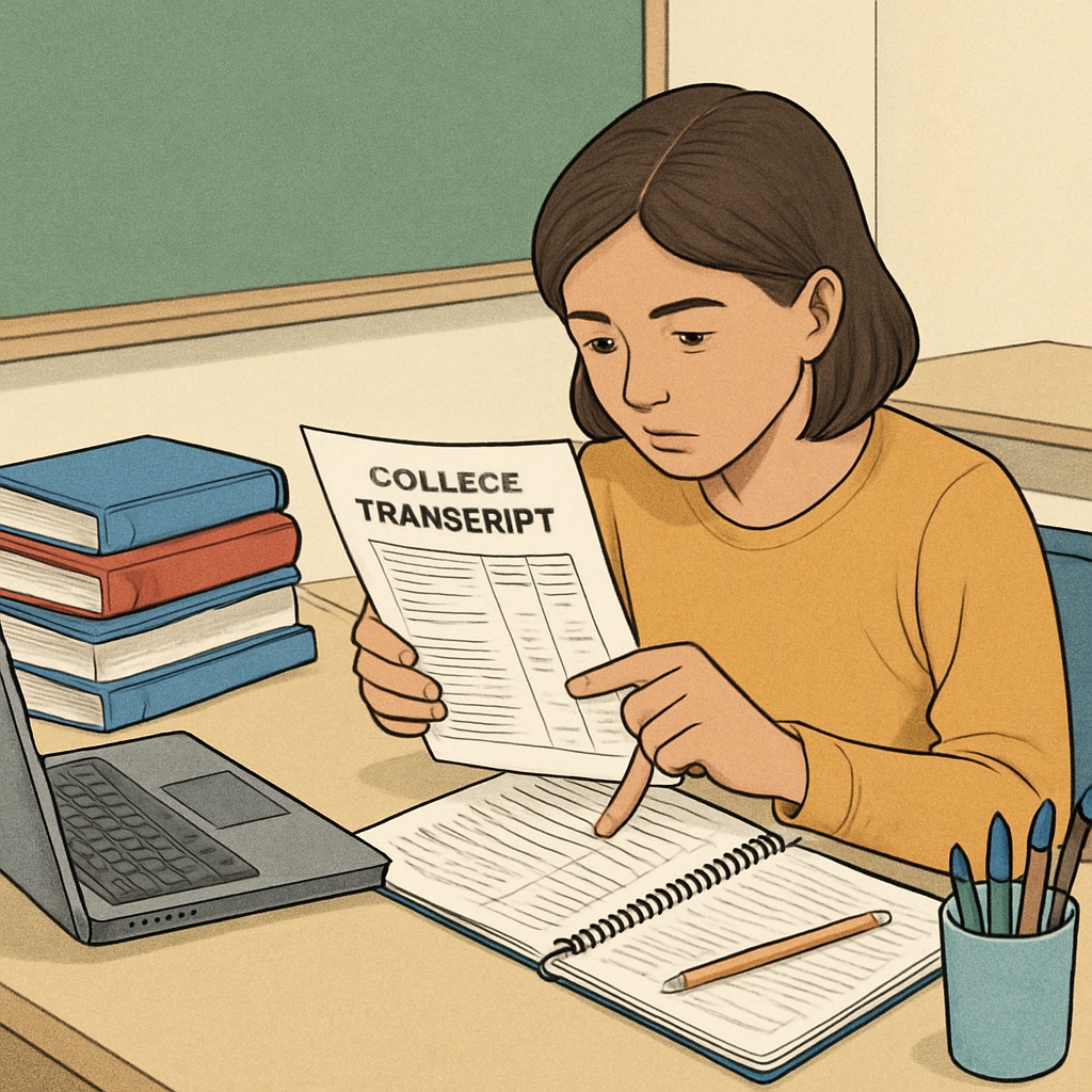 A student reviewing their college transcript to prepare for credit transfer to complete their bachelor's degree. Student evaluating college transcript for credit transfer.