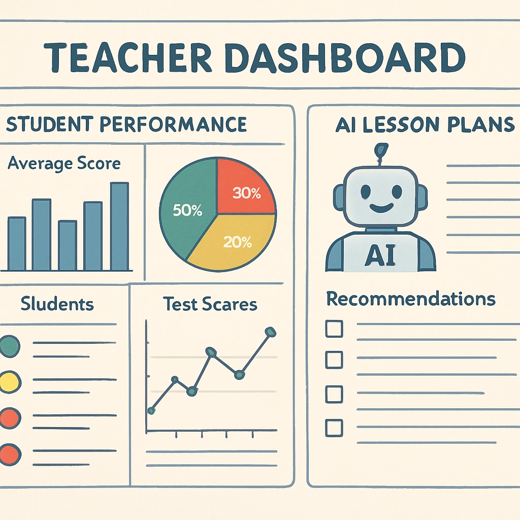 Visualization of metrics on a teacher's dashboard showing student performance data and AI-driven recommendations for personalized lesson planning. AI dashboard displaying student progress tracking and personalized recommendations for teachers.