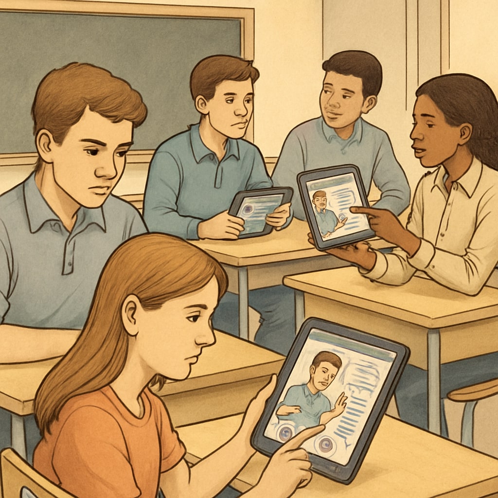 A classroom setting where students are using tablets to analyze digital media content critically. Students analyzing media content using tablets in a classroom to learn media literacy.