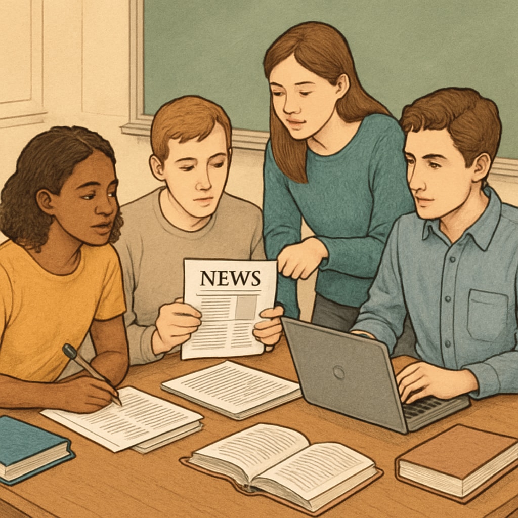 Students engaged in a teamwork activity, analyzing news articles for bias and credibility. Students working together to identify bias and credibility in news articles as part of media literacy education.