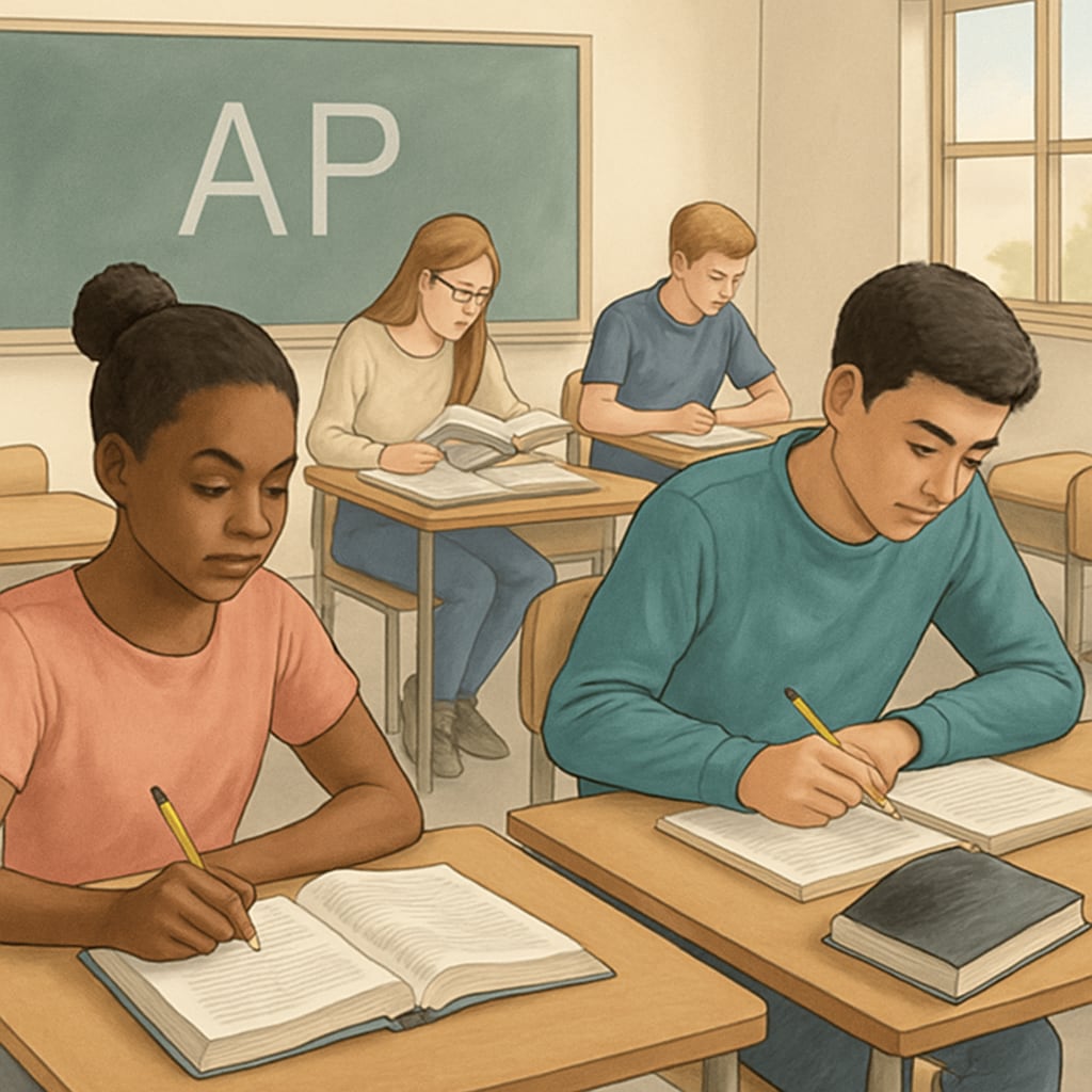 A classroom setting with students engaged in AP coursework, symbolizing academic commitment. AP courses planning session in a high school classroom.