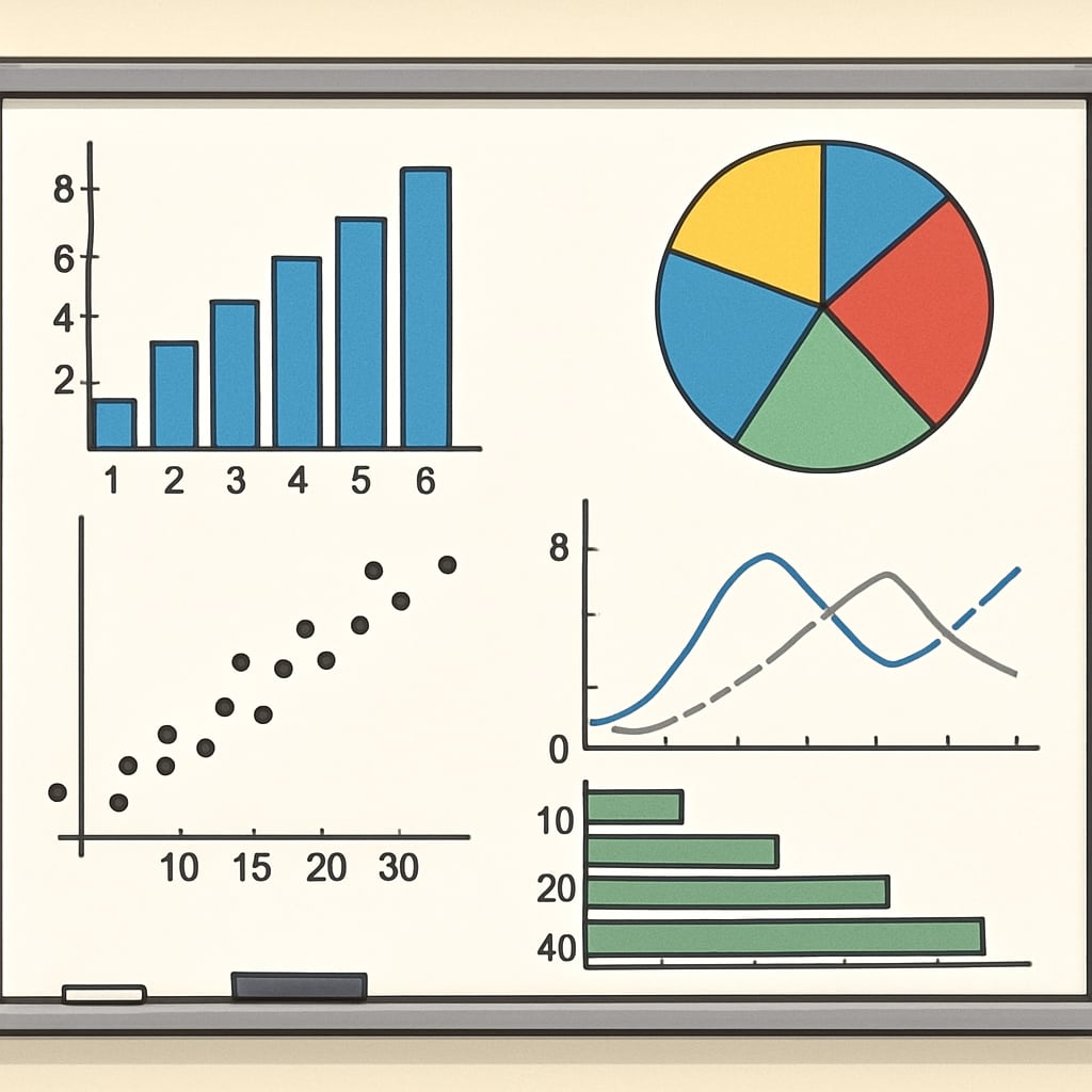 Statistical graphs and charts displayed on a classroom whiteboard, representing concepts taught in AP Statistics. AP Statistics concepts visualized through graphs and charts.