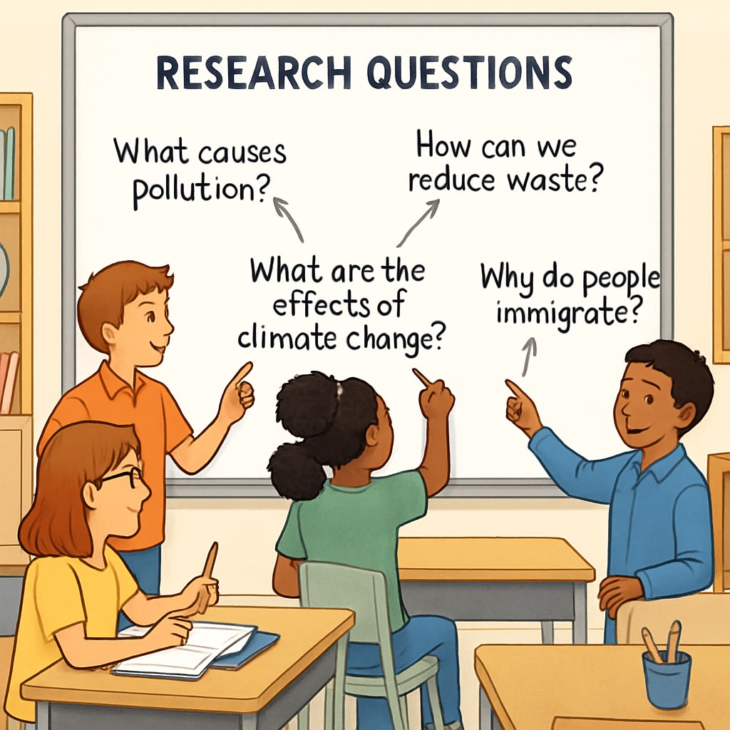 A classroom setting where students are brainstorming research questions on a whiteboard. The image illustrates collaboration and creativity in formulating questions. Students brainstorming research questions on a whiteboard in a classroom setting.
