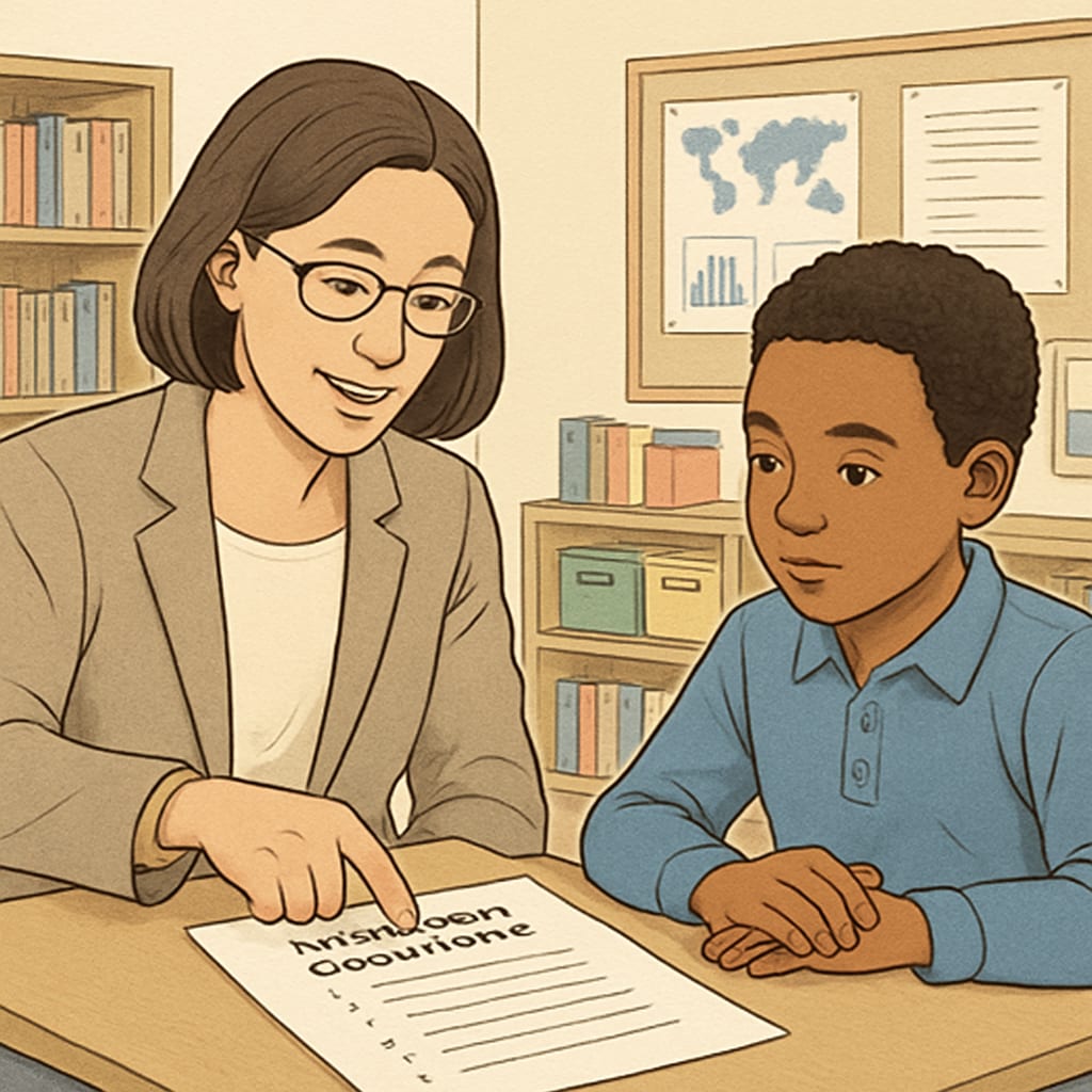 A teacher working closely with a student, reviewing a list of potential research questions. The image highlights the importance of guidance in question formulation. Teacher reviewing research questions with a student in a collaborative setting.