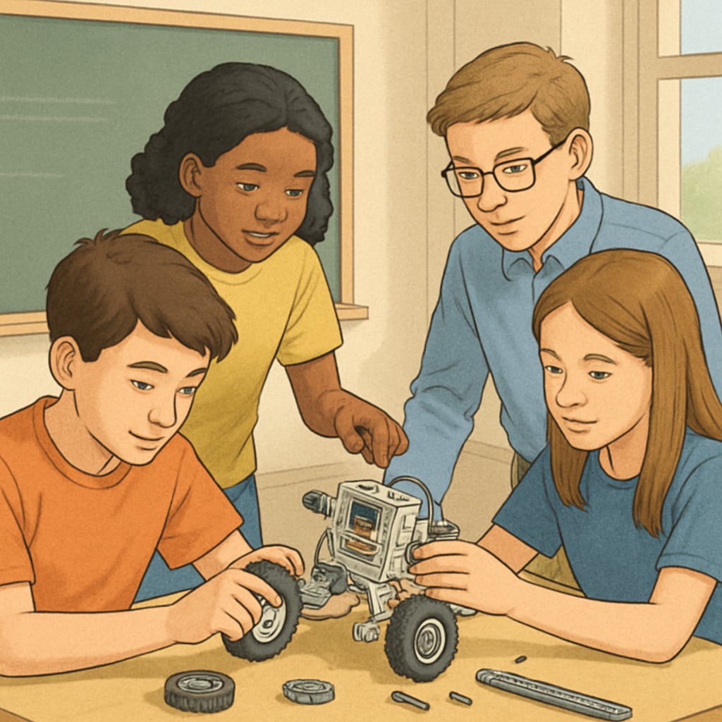 A group of K12 students assembling robot components on a classroom table, demonstrating teamwork and concentration. Students building robots as part of a hands-on beginner robotics course.