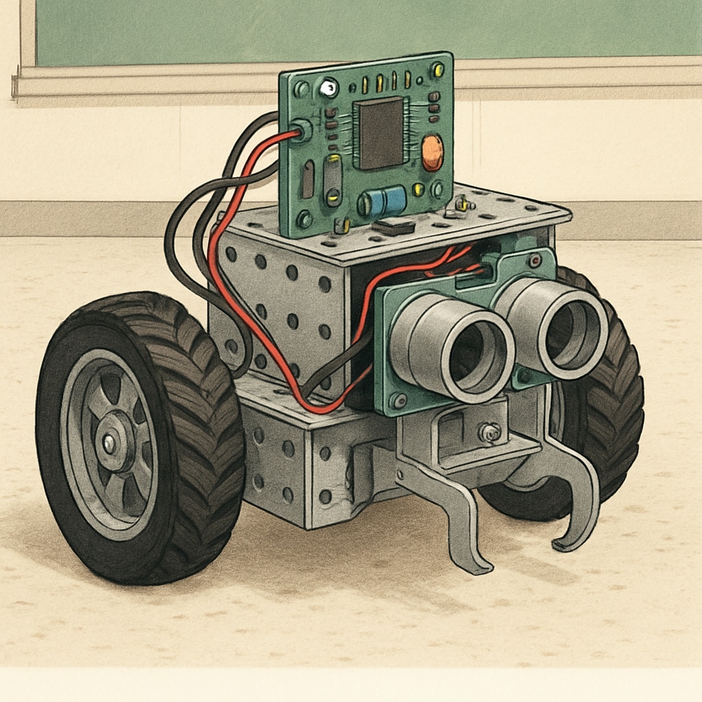 A completed robot built by students, featuring wheels, sensors, and a simple circuit board, ready for testing. A student-built robot showcased during a beginner robotics project.