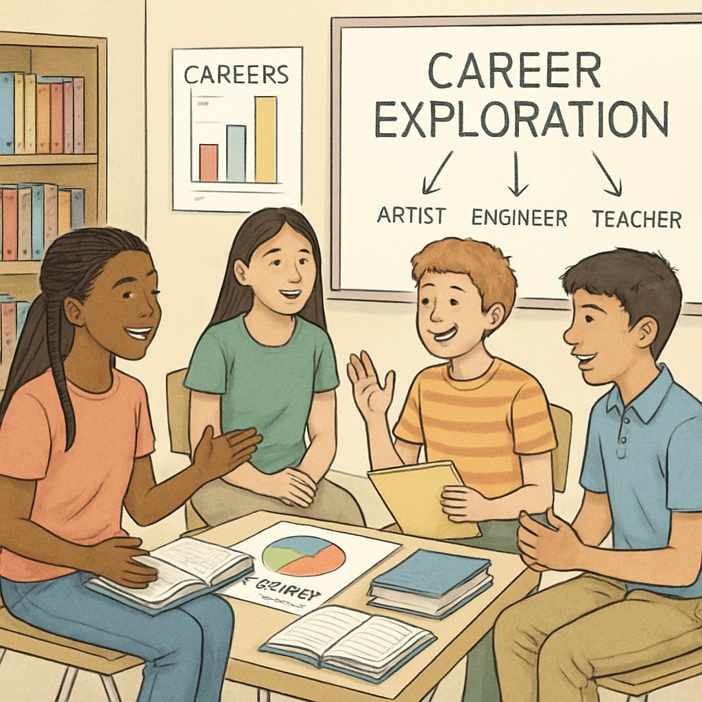 A group of K12 students engaged in a career exploration workshop, discussing their interests and future options. K12 students exploring career interests in a workshop