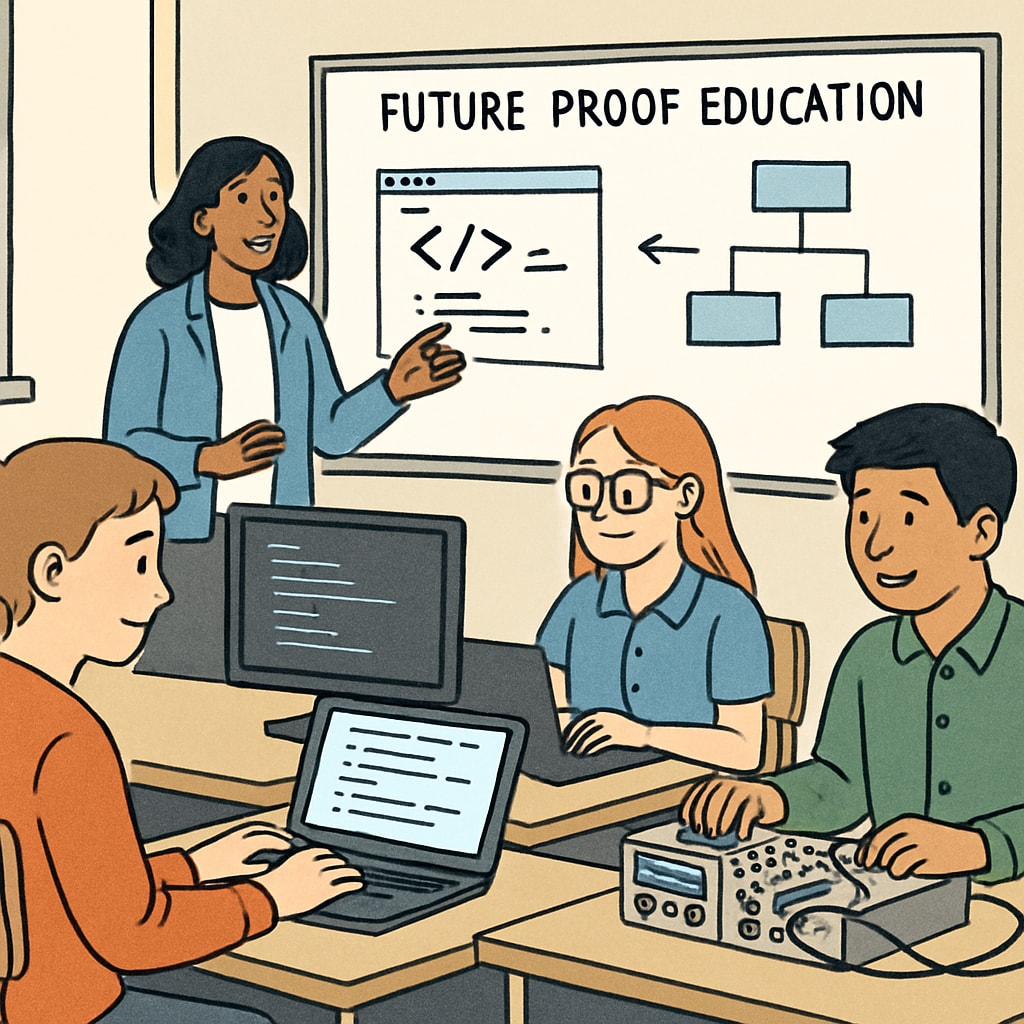 Students learning coding or technical skills in a classroom setting, representing the acquisition of future-proof skills. Students acquiring technical skills for future careers
