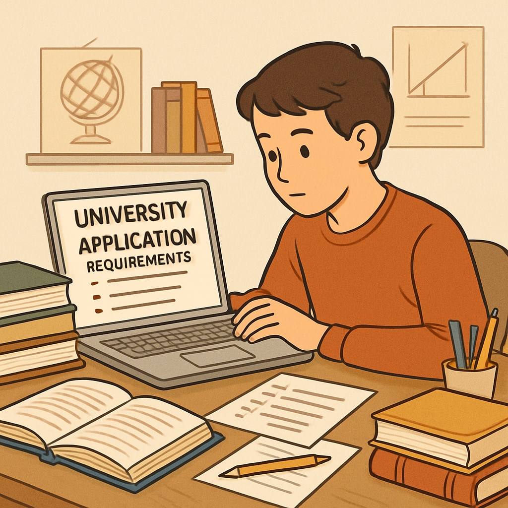 A student reviewing university application requirements on a laptop, symbolizing the challenge of education year discrepancies. Education years, university applications, admission letters, and visas challenge illustrated.
