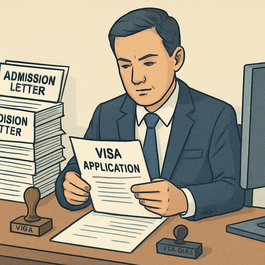 An official examining student visa applications, highlighting the link between admission letters and visa approval. Visa approval process linked to university admission letters and education years.