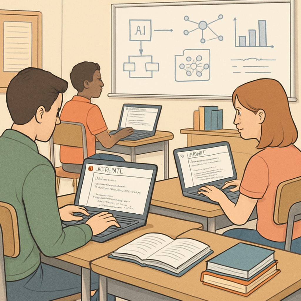 A classroom setting where students are using laptops to work on AI projects using Google Colab or lightweight frameworks. Students working on AI projects in a classroom setting with tools like Google Colab.