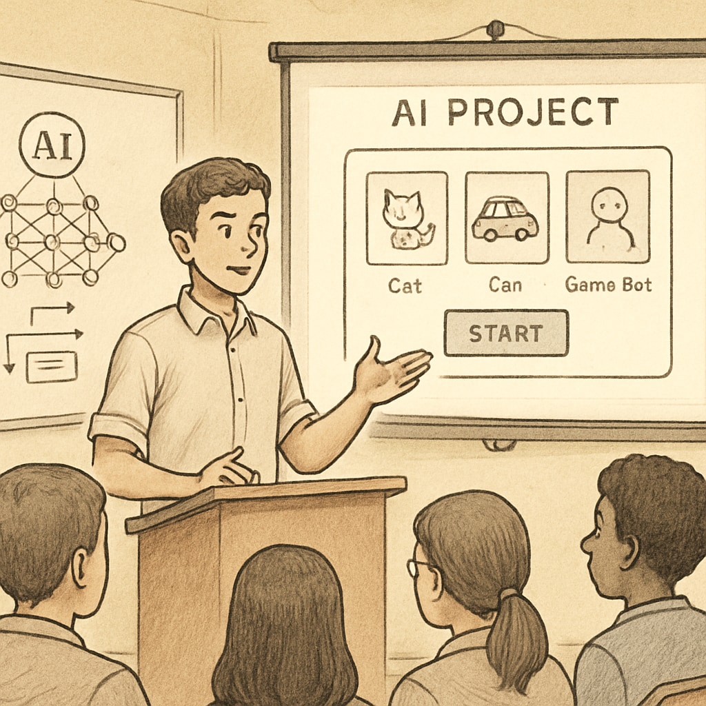 A student presenting their AI project, such as an image classification tool or a simple game bot, in a classroom setting. Student presenting an AI project like image classification or game bot in a classroom.