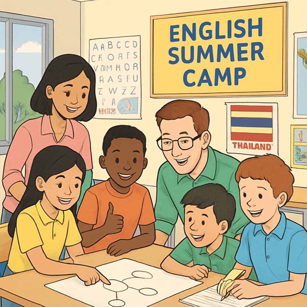 A diverse group of students and teachers participating in a classroom activity during an English summer camp in Thailand. Students and teachers engaging in a classroom activity during Thailand English camps.