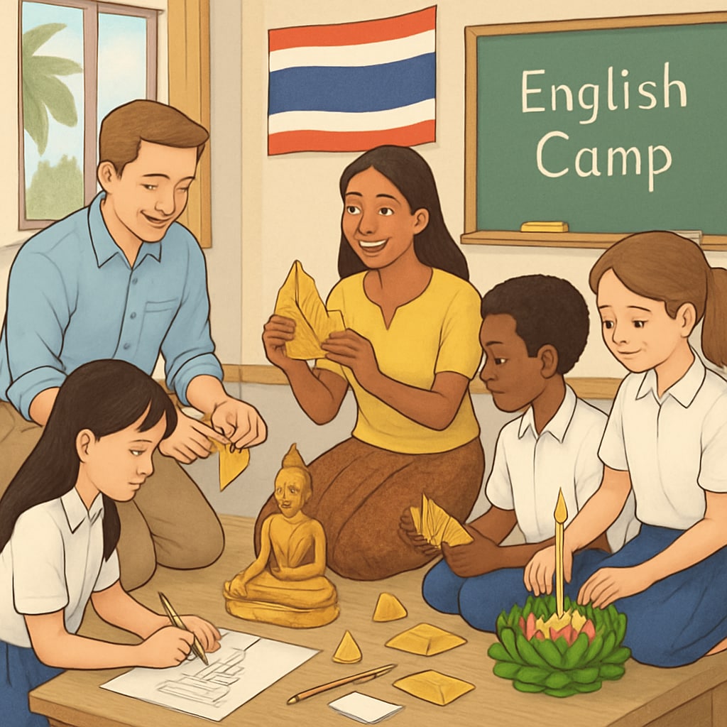 Teachers and students engaging in a group cultural workshop during a Thailand English camp. Group cultural workshop at a Thailand English camp with teachers and students.