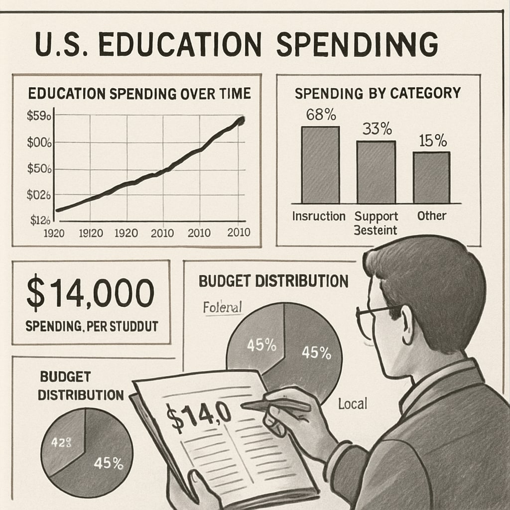 An educational researcher analyzing financial data charts related to U.S. education spending trends. A researcher analyzing U.S. education spending data for academic research purposes.