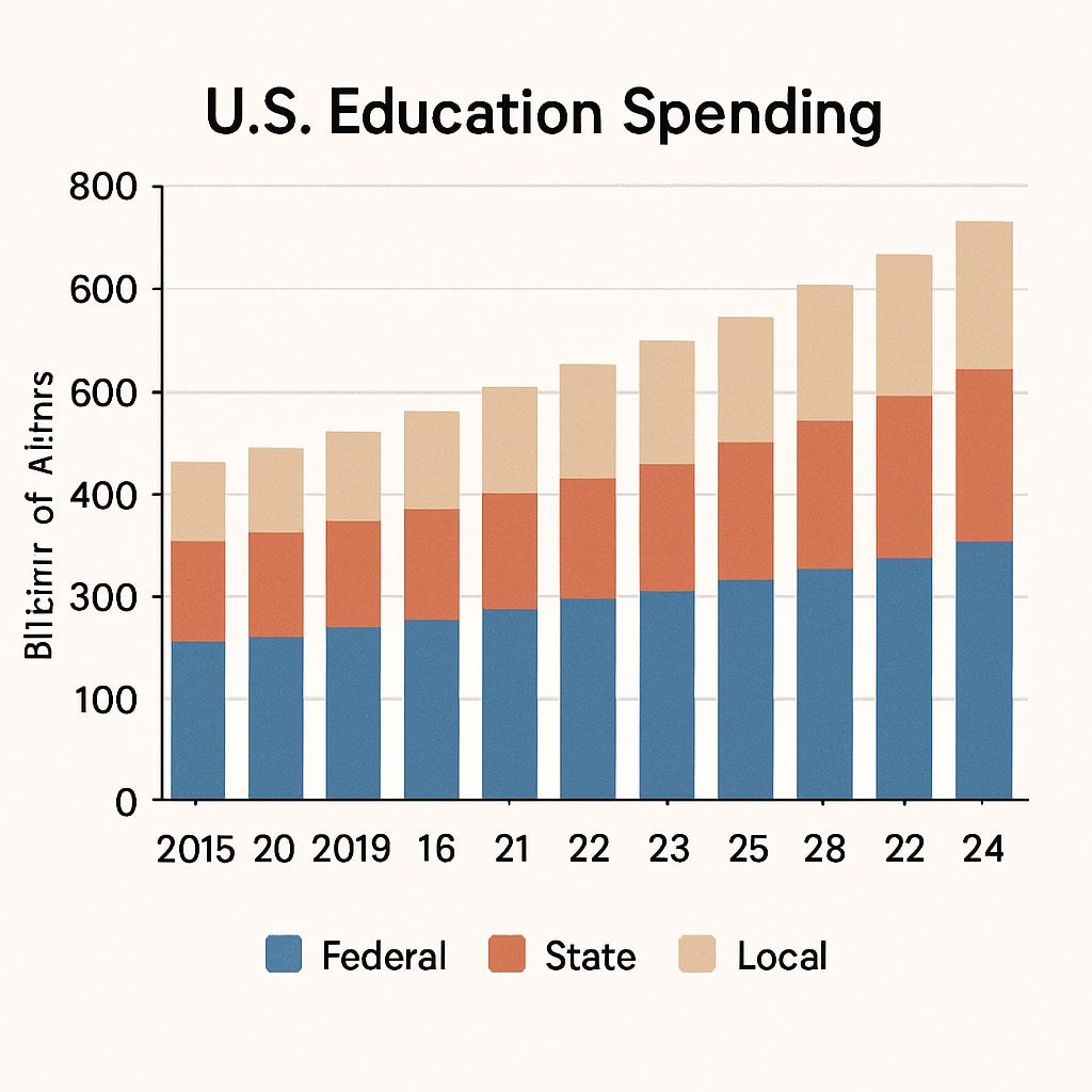 A bar graph showing trends in U.S. education spending across federal, state, and local levels from 2015-2024. A bar graph depicting U.S. education spending trends by funding source.