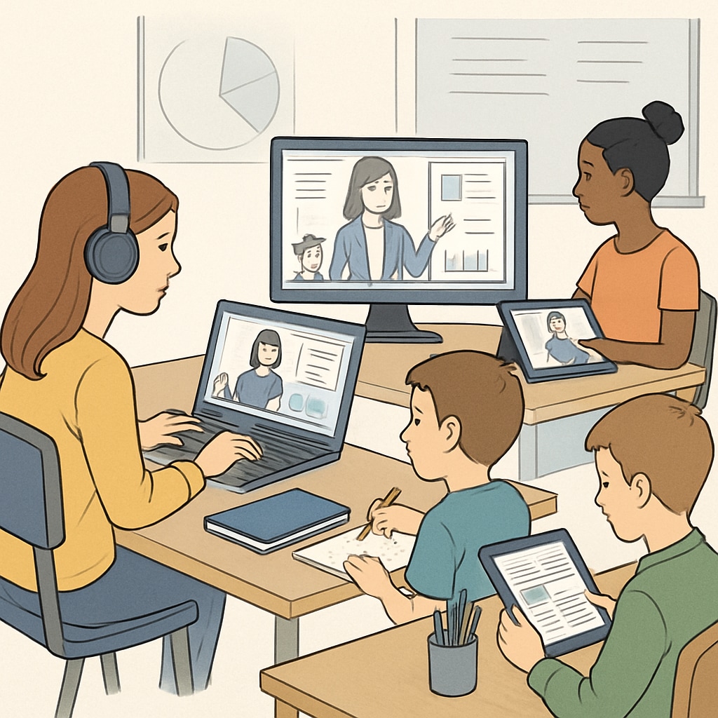 A virtual classroom setting where students are engaged in learning through online platforms. Students participating in online learning programs for education completion options.