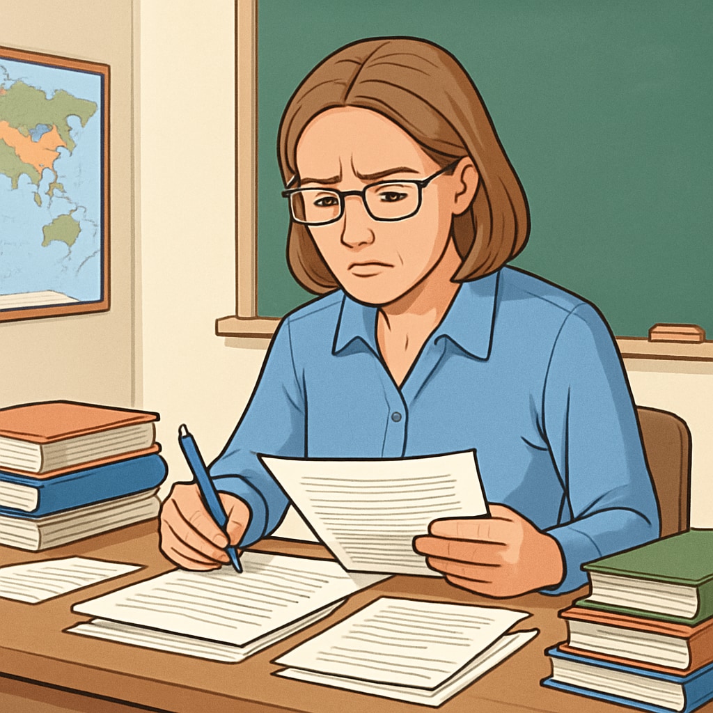 A teacher sitting in a classroom, looking concerned while reviewing documents, representing frustration with inexperienced academic supervisors. A concerned teacher reflecting on issues caused by inexperienced academic supervisors.