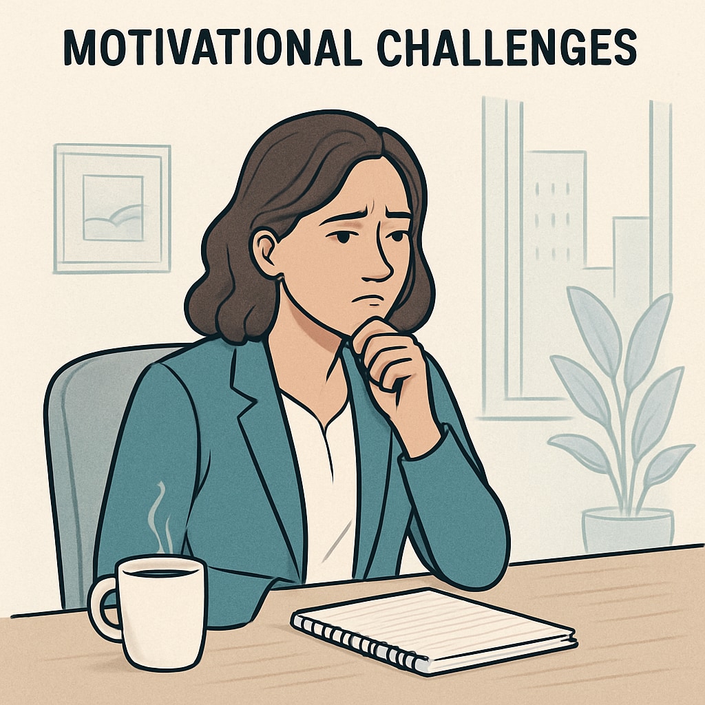 A person reflecting on motivational challenges in a workplace setting, with a notebook and a cup of coffee beside them. A thoughtful individual reflecting on motivation theory, with a notebook and coffee.
