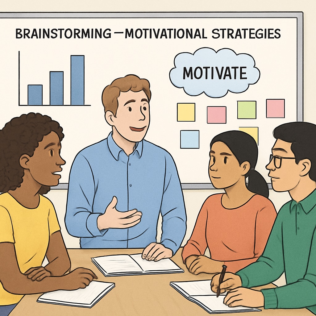A brainstorming session with diverse individuals discussing motivational strategies, with charts and sticky notes visible. A group discussing motivational strategies, brainstorming ideas.