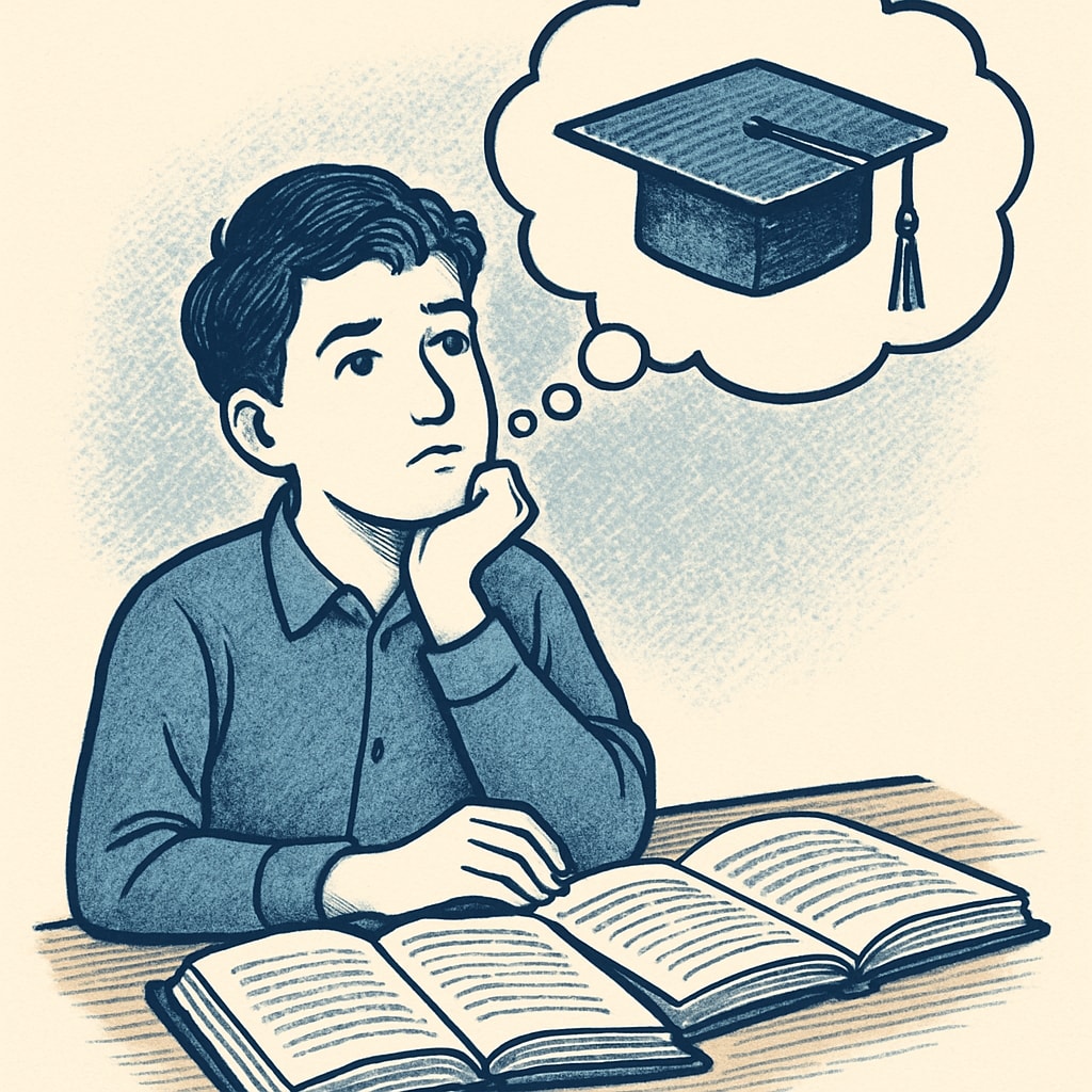 A student sitting at a desk with open books, looking contemplative about their academic future. A university student reflecting on learning motivation and career choices.