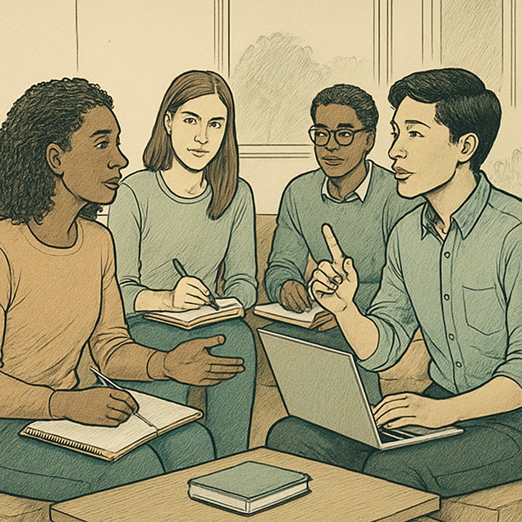 A group of university students discussing career aspirations in a casual setting. University students sharing ideas about career direction and academic goals.