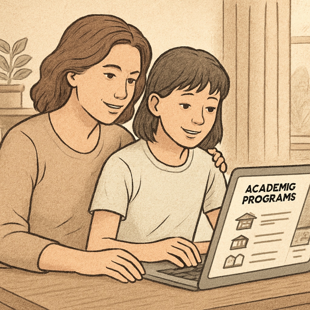 A parent and child browsing academic programs on a laptop at home. Parent and child exploring online alternatives to Duke TIP for gifted youth.
