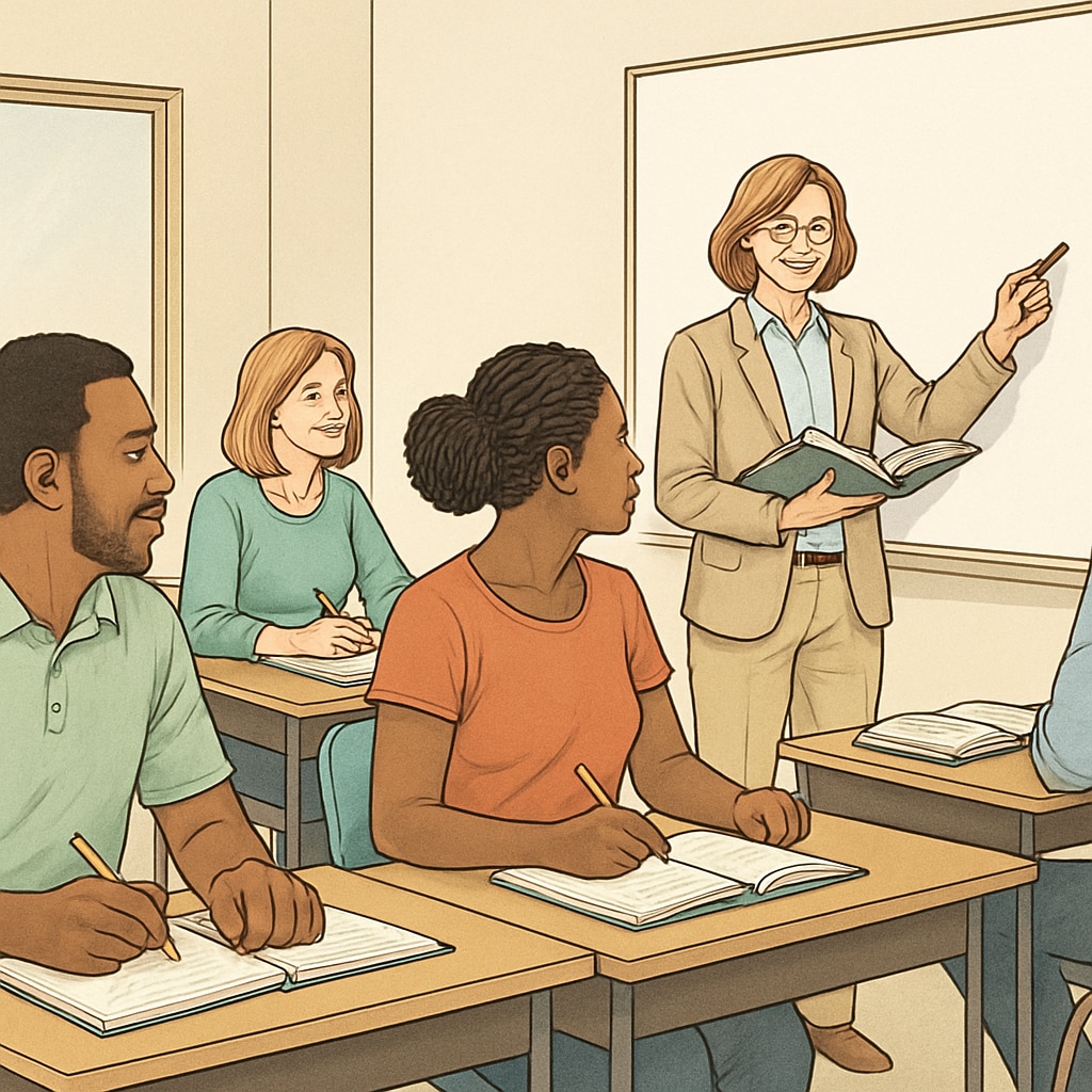 A diverse group of adult students attending a classroom session, symbolizing inclusivity and lifelong learning opportunities. Adult students in a classroom, emphasizing school education and age diversity.