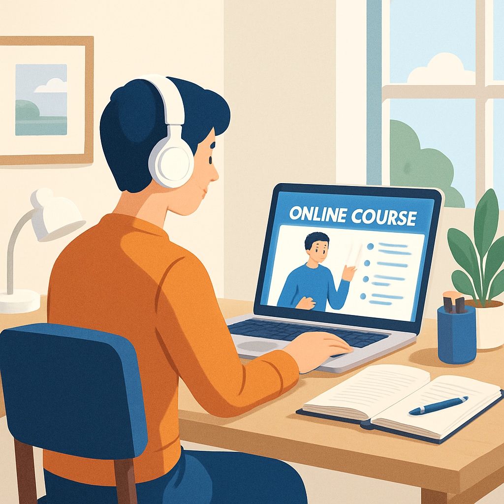 An individual studying at a home desk with a laptop open to an online course, representing self-learning and flexibility. Adult learner studying an online course, highlighting self-learning and personalized education.